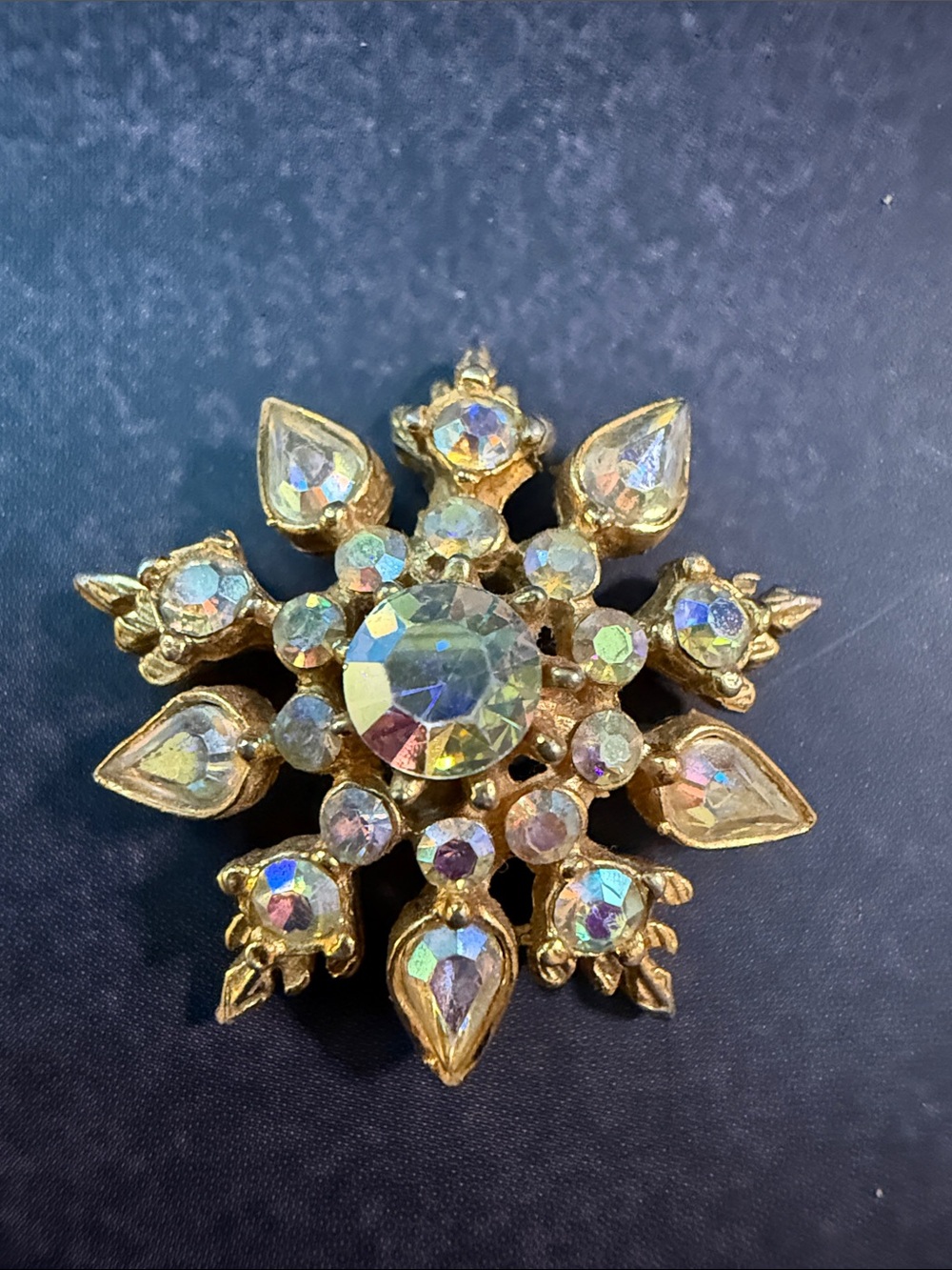 Vintage 1950s Aurora Borealis Rhinestone Floral Brooch Gold Tone AB Crystal